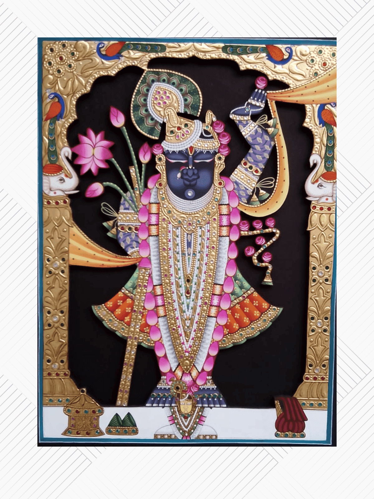 Gold Leaf Shrinathji Painting – Blue Floral Arch with Lotus & 22k Gold Leaf Detailing